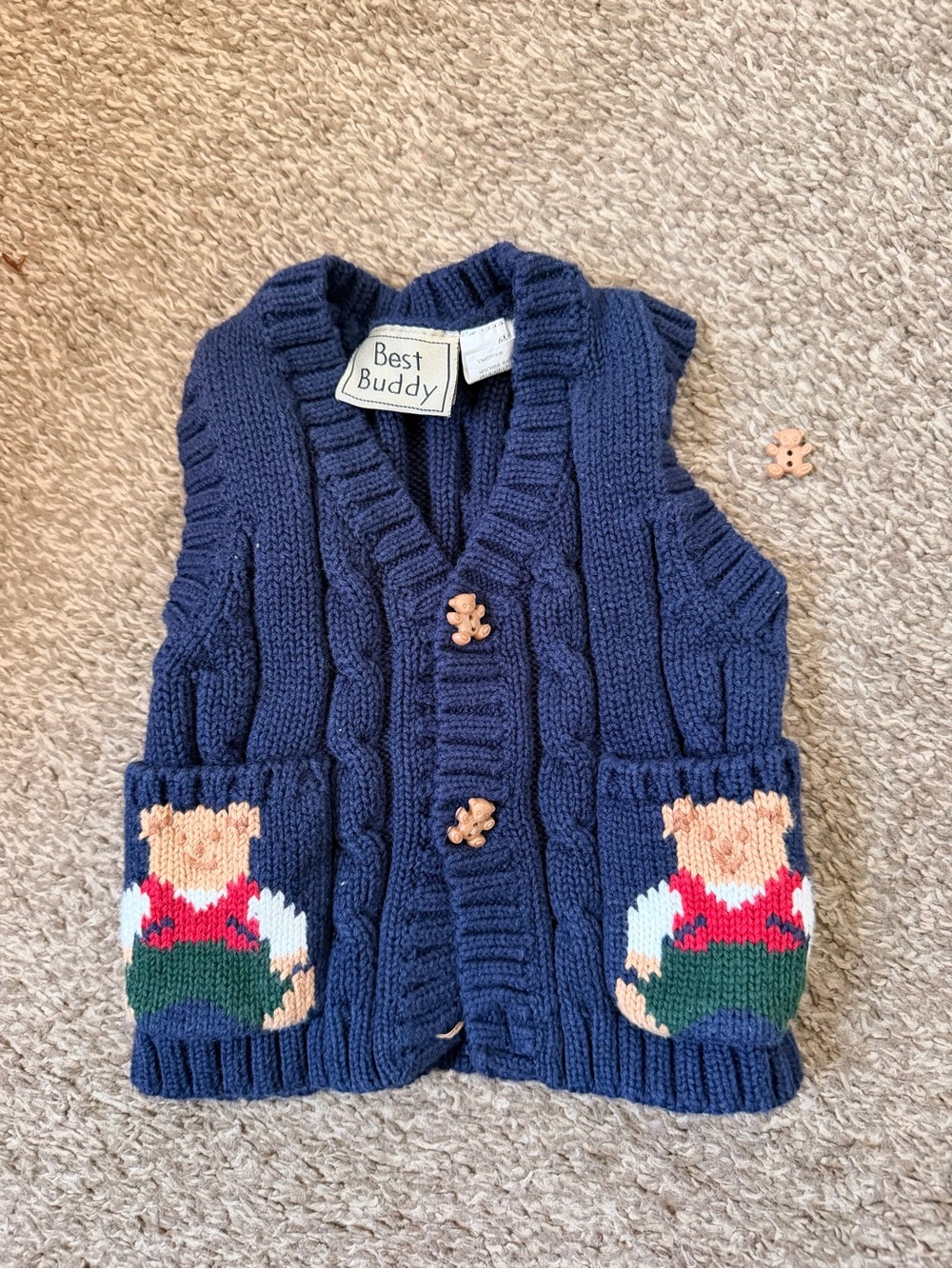Vintage Navy Knit Kids Vest with Bear Pockets